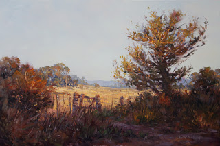 farm gate & tree oil painting by andy dolphin