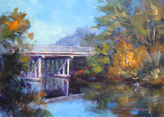 oil painting of bridge over river by andy dolphin