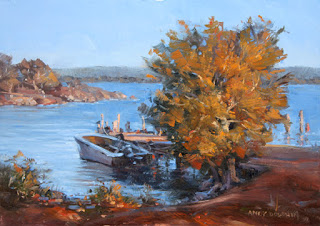 oil painting of boat & jetty by andy dolphin