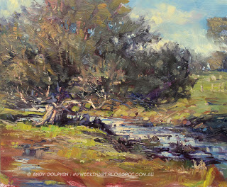 Winter creek plein air landscape painting by Andy Dolphin