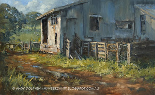 Shearing shed plein air oil painting by Andy Dolphin
