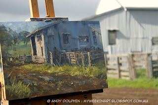 Plein air oil painting, shearing shed, on location