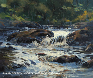 River rapids plein air paintring in oil by Andy Dolphin