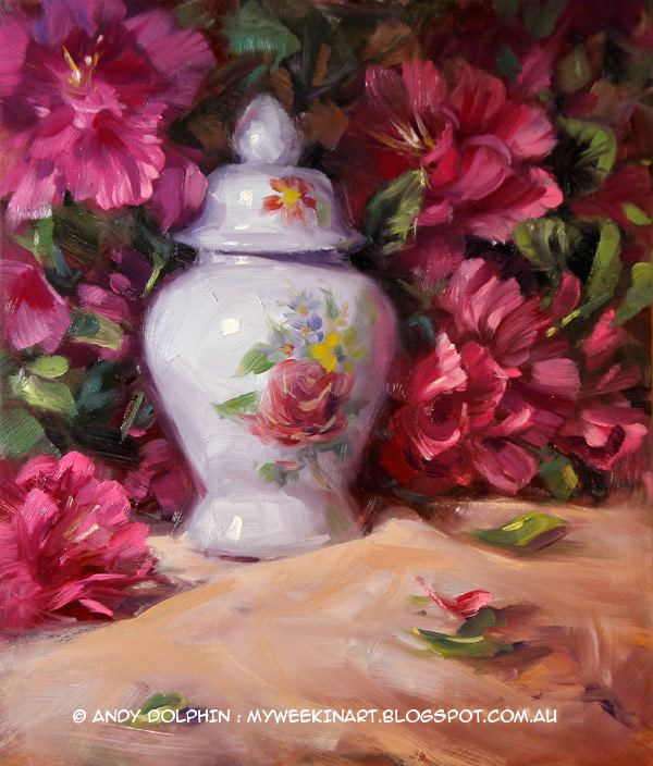 Miniature Chinese vase still life in oil by Andy Dolphin