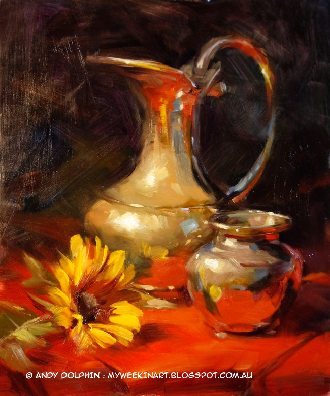 Sunflower and brass jug pitcher still life oil painting by Andy Dolphin