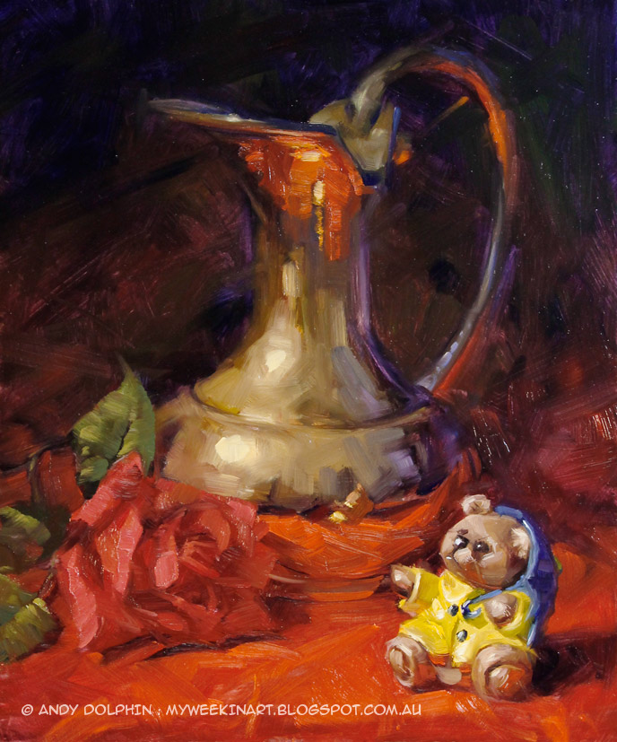 Still life oil painting with brass jug pitcher and ceramic bear by Andy Dolphin