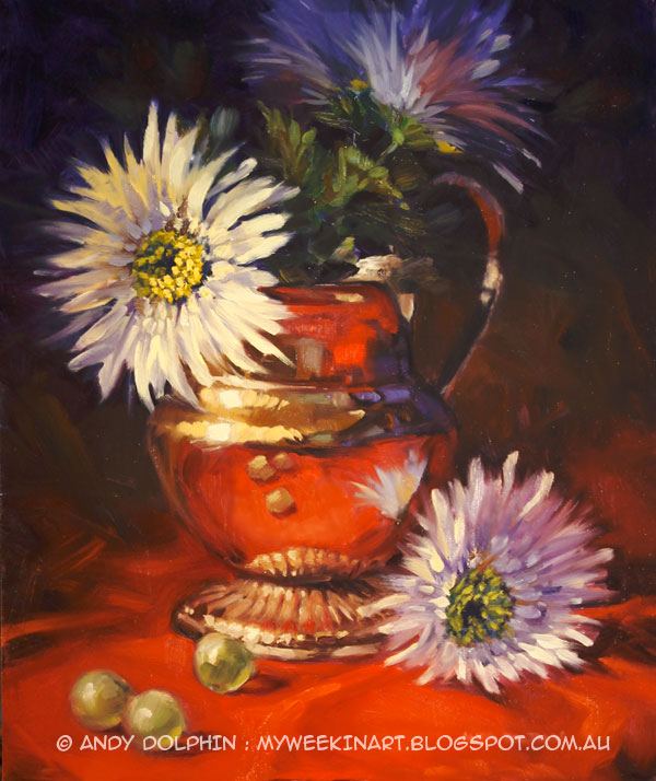 Still life oil painting. Brass jug with flowers by Andy Dolphin.