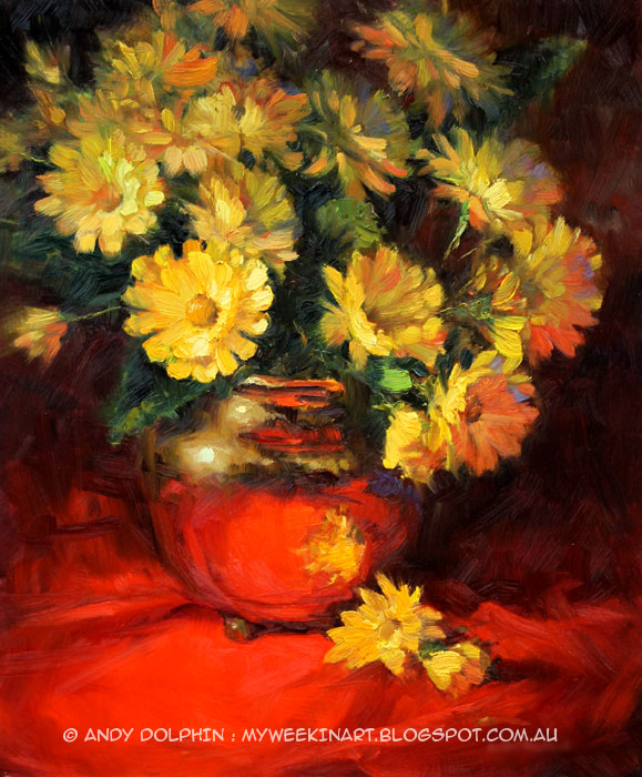 Brass vase and flowers still life oil painting by Andy Dolphin