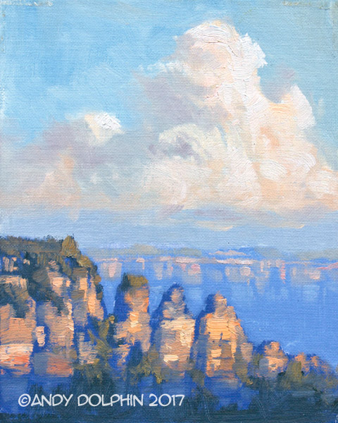Thee Sisters, Blue Mountains plein air oil painting by Andy Dolphin.