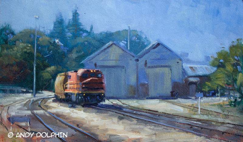 freight train, railway, rail yard plein air oil painting by Andy Dolphin - albany western australia