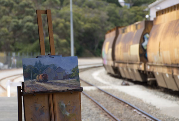 freight train plein air painting by Andy Dolphin - albany western australia